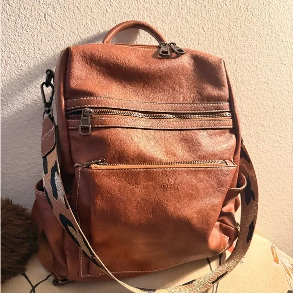 Vintage Tan vegan Leather Backpack with Patterned Strap - Picture 8 of 11